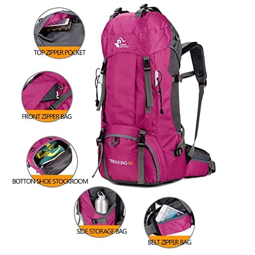 Bseash 60L Waterproof Hiking Camping Backpack with Rain Cover, Lightweight Outdoor Sport Travel Daypack Rucksack for Climbing Skiing — view 3
