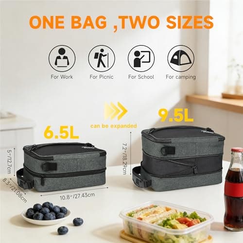 Kato Tirrinia Expandable Insulated Lunch Bag, 10L Lunch Cooler Bag with Shoulder Strap for Men and Women, Leakproof Lunch Box Bag, Suitable for Work School Travel Picnic Camping Beach, Charcoal — view 2
