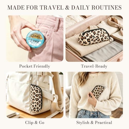 Portable Round Pill Box with Zipper Pouch, Classic Leopard Travel Pill Organiser for Tablets, Vitamins, Capsules and Supplements, Compact Medicine Case — view 4