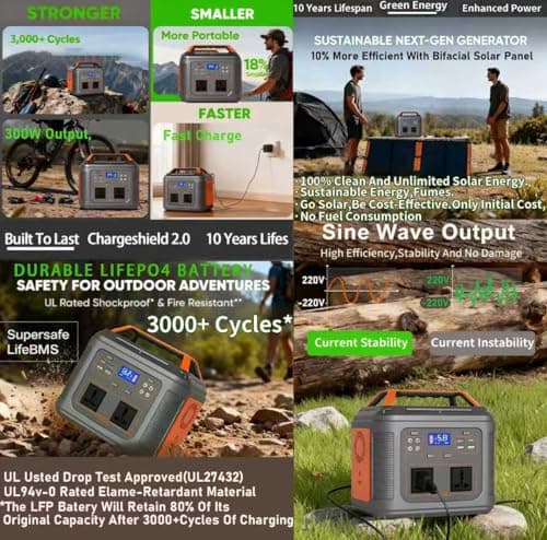 Rexhan 300W Portable Power Station, LiFePO4 Battery, Mobile Battery Power, Solar Generator, Emergency Outdoor Power, 50W Solar Panel, 2025 Version, 240V AC Outlet, RVs, Camping, Outdoor, USB-C (300W) — view 4