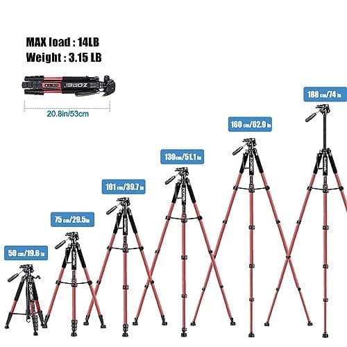 ZOMEI 188cm/74inch Aluminum Extra-high Lightweight Travel Camera Tripod Red — view 6