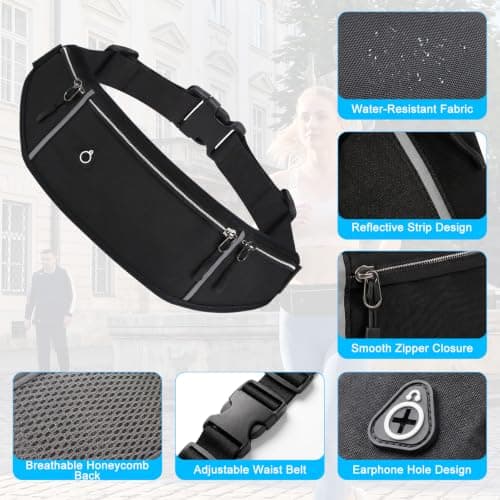 Running Belt, Waterproof Money Belt with Reflective Strips, Adjustable Running Waist Belt with Large Capacity, Running Belts for Women & Men Walking, Hiking, Travel (Black) — view 3