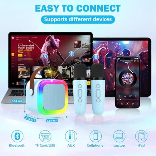 Koolcover Mini Karaoke Machine for Kids Adults, Portable Bluetooth Speaker with 2 Wireless Microphones,Toys Birthday Gifts for Girls Ages 4, 5, 6, 7, 8,9,10+ Family Home Party (Blue) — view 4