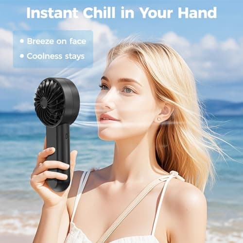 Amacool Handheld Fan Rechargeable, Built-in Type-C Cable, 5-Speed Personal Fan with LED Display, Max 12H Runtime, Portable Fans for Travel Outdoor Cruise Makeup, Gift for Women Stylish Girl (Black) — view 2