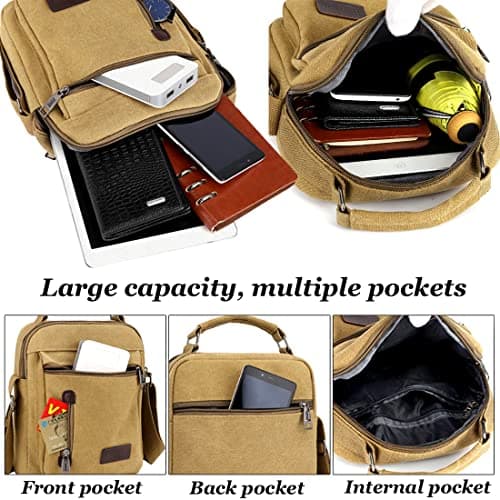 A-QMZL Mens Shoulder Bag Canvas Messenger Bags Travel Crossbody Bag Large Capacity Casual Handbag with Multiple Pockets for Working Shopping Hiking Daily Use (Brown) — view 5