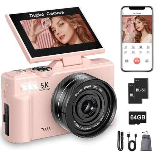 5K Digital Camera with 64GB Card, 75MP WiFi Point & Shoot Vlogging Camera