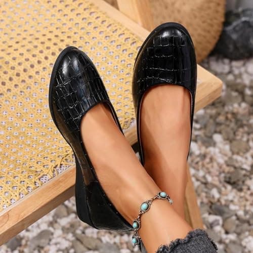 Women's Lightweight Leather Shoes, Women's Comfort Arch Support Wedge Slip-On Shoes Ladies Low Heel Work Ballerina Loafer Shoes (Black,6) — view 5