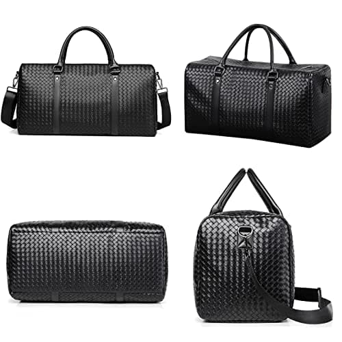 Leather Travel Duffle Bag for Men, Woven Carry On Weekender Overnight Bags for Business Sports Gym Black — view 2