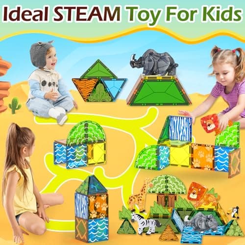 Oriate Magnet Safari Animals Magnetic Tiles Blocks, 30pcs Movable Joint Zoo Animals with Magnetic Building Construction Magnet Tiles, Lion Zebra Giraffe Kids Educational Animal Toy Zoo Travel Set — view 5