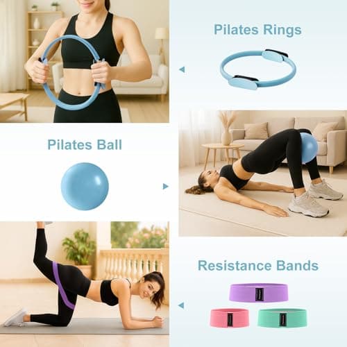 Trintion Pilates Ring Set 14" Premium Magic Circle with Dual Padded Handles, Includes 9" Anti-Burst Mini Ball 3 Resistance Bands (20/30/45 lbs) for Home Gym Pilates Equipment for Home (Blue) — view 6