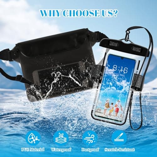 2 Pack Waterproof Phone Pouch, Black Waist Dry Bag with Belt for Swimming — view 4