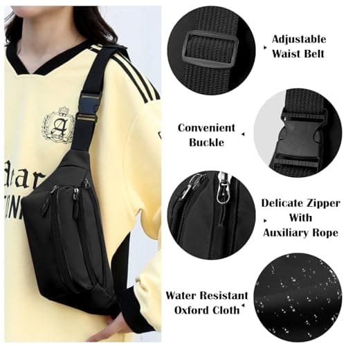 Risipu Bum Bag for Men Women, Lightweight Water-Resistant Waist Packs with Adjustable Belt & 3 Zipper Pockets, Fashionable Fanny Pack for Travel, Running, Hiking, Cycling (Black) — view 5