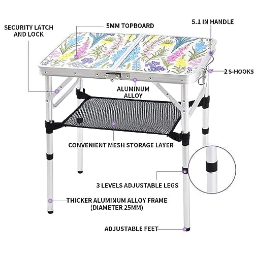 Yriuat Folding Camping Table 2ft Portable Pinic Table Adjustable Height Small Card Table Aluminum Foldable Lightweight with Carry Handle for Outdoor Indoor Hiking Camp BBQ Beach (Blooming Floral) — view 4