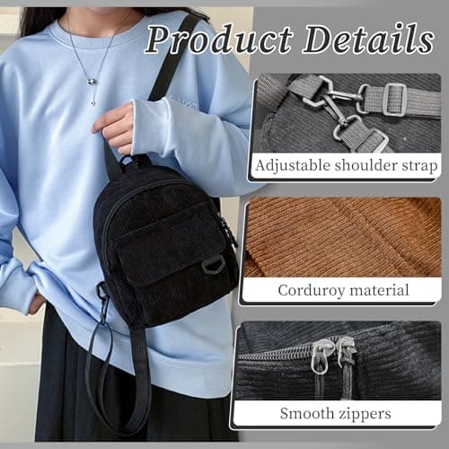 WisePoint Mini Backpack, Corduroy Casual Daypacks Rucksack Bag for Women, Portable Backpack Purse Small Backpack with Detachable Shoulder Straps for Shopping, Travel (brown) — view 3