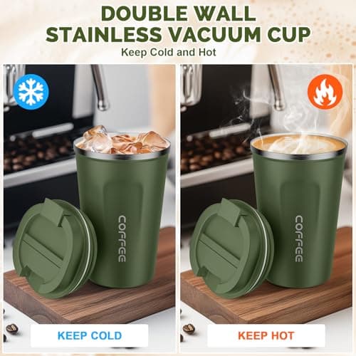 MOMSIV Coffee Cup, 380ml Vacuum Reusable Leakproof Double Wall Coffee Cup, Insulation Stainless Steel Eco-Friendly Travel Office Mug for Hot Coffee Tea and Cold Drinks (Green) — view 4
