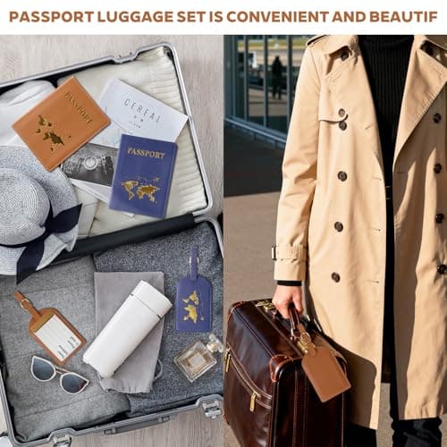 ZDNT 4 Pcs Passport Cover and Luggage Tag,Passport Holder,Passport Cover Luggage Tag Set,PU Leather Passport Holder Travel Wallet Case Organiser for Passport Credit Card Business (Brown, Blue) — view 6