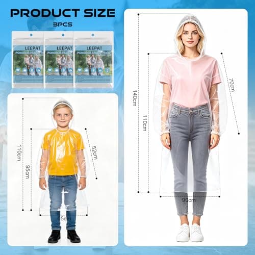 Poncho Waterproof Adult 3 Pack - Thickened Disposable Family Pack Rain Ponchos Waterproof Clear Raincoats Adult Kids Rain Coats With Hood & Sleeves for Outdoor Concert, Camping, Theme Park, Hiking — view 5