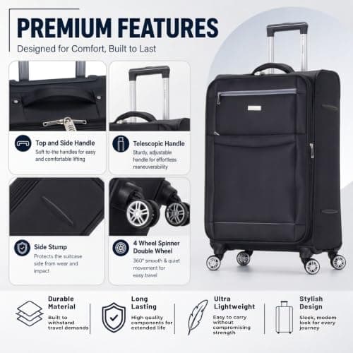 DK Luggage Ultra Lightweight Only 3.3kg Large 28 Inch Soft Shell Suitcase, 4 Wheel Spinner Checked Luggage 23kg–27kg Capacity, Expandable Travel Case (WLS Black, Large) — view 5