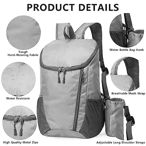 Yoolly Lightweight Foldable Backpack, Small Hiking Rucksack, Waterproof Packable Backpack for Men Women Kids, Durable Rucksack for Outdoor Sport Travelling Hiking Camping Biking Walking (Grey) — view 3