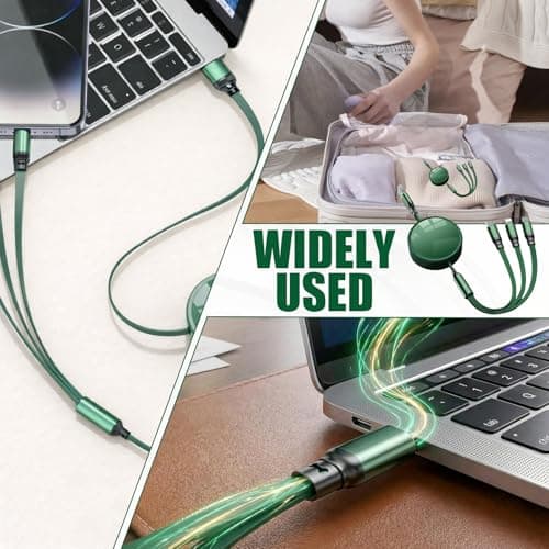 1.2m 100W Retractable Multi Charger Cable 3 in 1, Travel Charger Cable with Fast Charging USB C Port, 6A Charging Cables for Multiple Devices with iPhone Android MacBook, Green Tangle-Free Cord — view 5