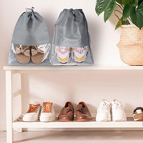 Acehome 10 Pack Large Travel Shoe Bag, Portable Drawstring Shoes Storage Bags Non-Woven Dust Proof Pouch Space Saving Organizer with Transparent Slot for Men Women Daily and Travel Use (Grey) — view 5