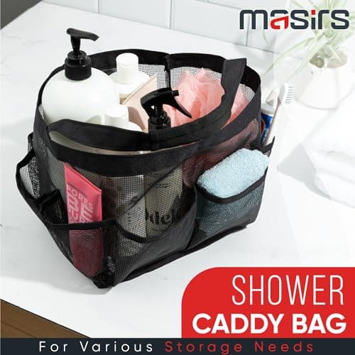 Masirs Shower Caddy Mesh - 9 Pocket Portable Bathroom Organizer Tote for Travel, Gym & Dorm - Collapsible Small Shower Caddy Bag to Hold Toiletries & Essentials (Black) — view 2