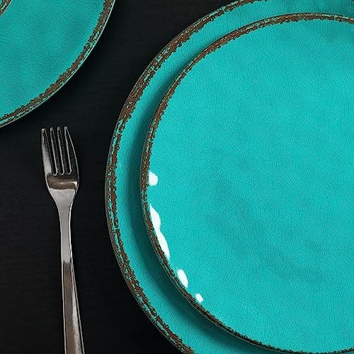 LEHAHA Rustic Melamine Dinnerware Sets, 12-piece Dishes Plastic Dinnerware Set for 4, Break-resistant Plates and Bowls Set, Outdoor Casual & Party Use Kitchen Dishes Set, Teal… — view 5