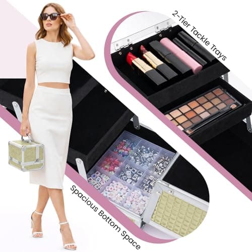 GREENSAPPIRE Makeup Box Vanity Case with Mirror – Lockable Cosmetic Organiser with 2 Trays, Portable Beauty Storage Case for Travel & Home, Rose Gold, 19.5 x 15 x 16 cm — view 4