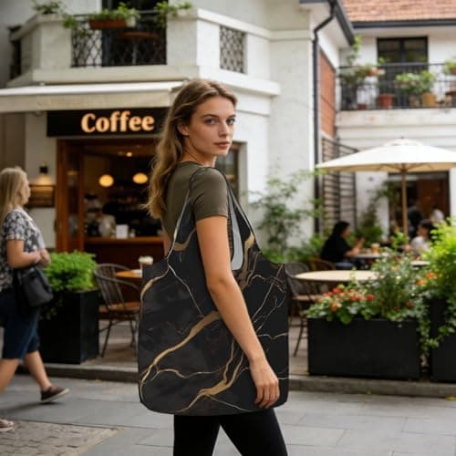 KKLWEGU Reusable Shopping Bags Lightweight Foldable Grocery Bags In Pocket,Washable Large Tote Bags Black Gold Marble Travel Shoulder Bag Gifts For Women Men — view 6