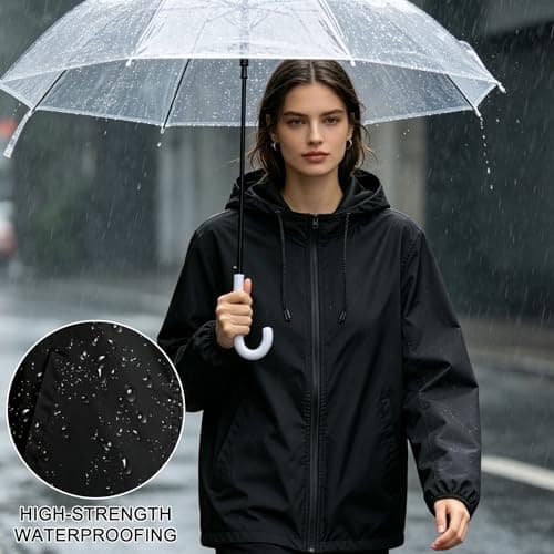 ADUDVLO Packable Waterproof Jacket Womens Lightweight, Hooded Rain Jacket Windproof Raincoat for Women with Pockets for Hiking, Travel, Running (UK, Alpha, S, Regular, Regular, Black) — view 5