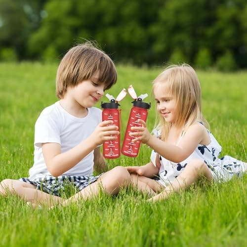 GOPPUS 500ml/17oz Kids Water Bottles with Straw Tritan Childrens Bottle with Flip Top Lid BPA Free Measured Drinks Bottle with Strap Sports Reusable Time Markings Leakproof (Solid Red) — view 6