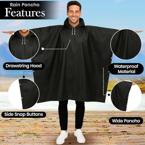 2 Pack Adult Raincoats - Waterproof Rain Coats for Men or Ladies - Reusable Poncho Festival Accessories - Black — view 3
