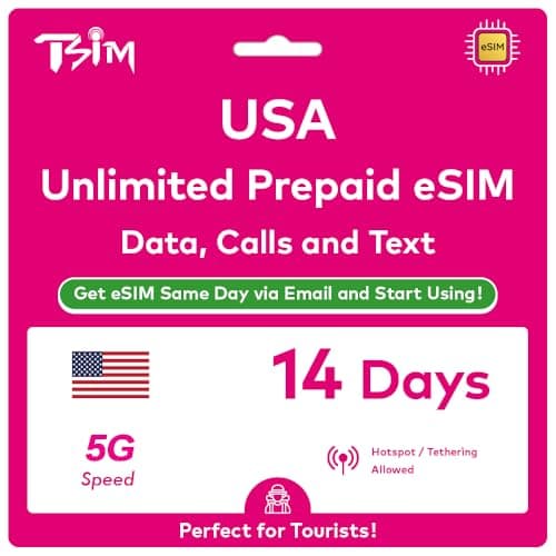 USA eSIM 14 Days. Unlimited High-Speed Data, Local Calls & Texts in USA (Hawaii Included). No Need to Wait for Package!. Get eSIM Same Day via Email and Start Using Immediately !
