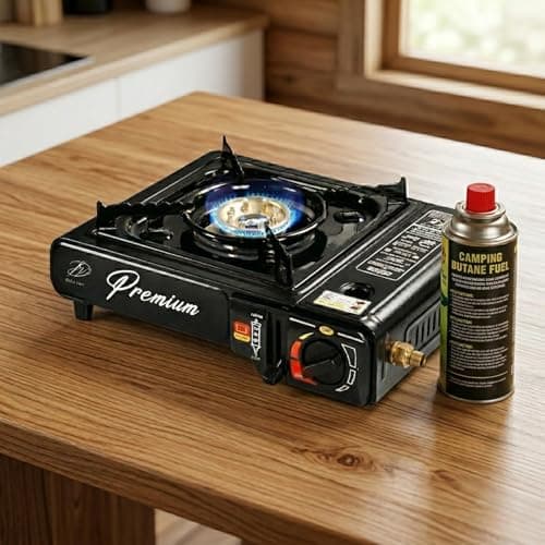 Butane Gas Stove + 4 Butane Cans Portable Cooker in Carry Case 2 4 8 12 Gas Bottles Camping BBQ Kit Camping Stove with Automatic Ignition & Heat Control (Black stove with butane gas) — view 2