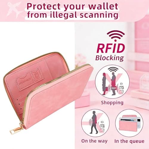 MUU RFID Blocking Travel Wallet Passport Holder, Pink PU Leather Document Organiser with Zipped Closure and Wrist Strap — view 3