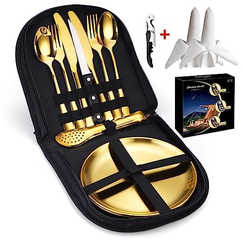 BBTISG 13-Piece Camping Cutlery Set, Outdoor Camping Cutlery Setfor 2 People Cookware Camping Cutlery Set for Outdoor Cookware, Travel, Hiking (Gold)