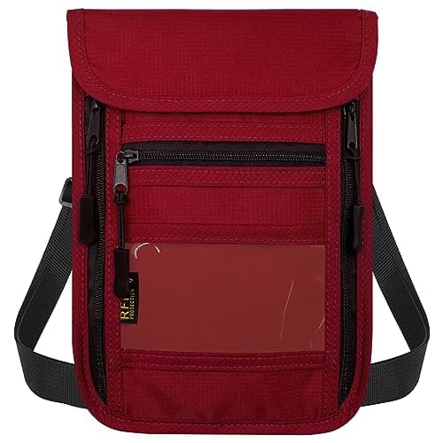 sundee Travel Neck Wallet with Double Zippers, RFID Blocking Passport Holder with Adjustable Neck Strap for Men and Women to Keep Cash, Credit Cards and Travel Documents Safe, Red, Small, Classic