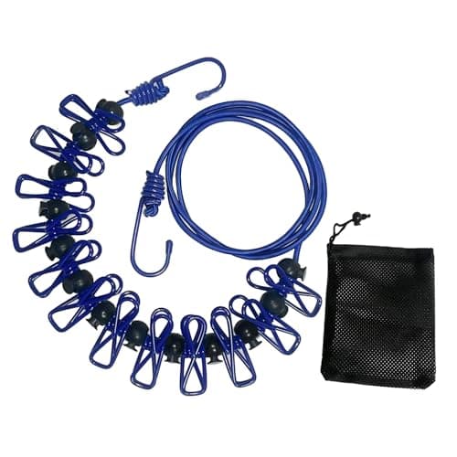 BaiMoure Portable Clothesline with 12 Deep Blue Clips & Adjustable Beads