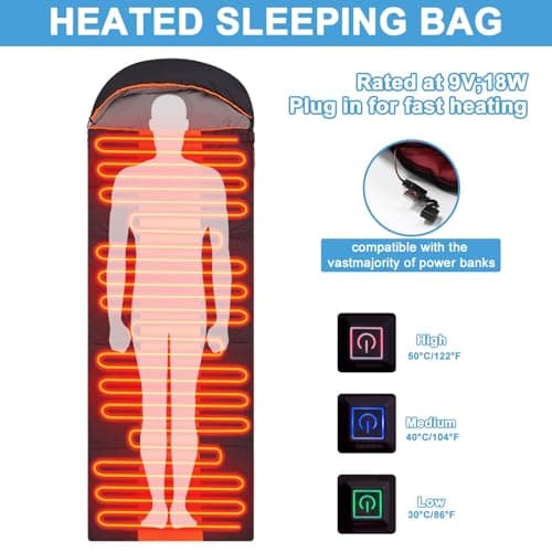Sleeping Bags for Adults, Heated Sleeping Bag with 3 Adjustable Temperature, Waterproof USB Rechargeable Heating Pads, 0 Degree Sleeping Bag for Camping Cold Weather — view 5