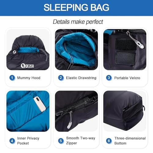 QEZER Down Sleeping Bag 4 Season, Lightweight Winter Sleeping Bag 0 Degree to -12 Degree C for Adults and Kid Camping, Hiking and Backpacking Outdoor Filled 600+FP Down (Black) — view 6
