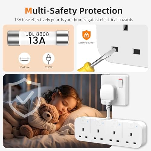 Multi Plug Extension Socket 4 Way with Flexible Plug, 4 Gang Plug Adapter UK with Individual Switches, Short Small Extension Adaptor for Home, Kitchen. White — view 6