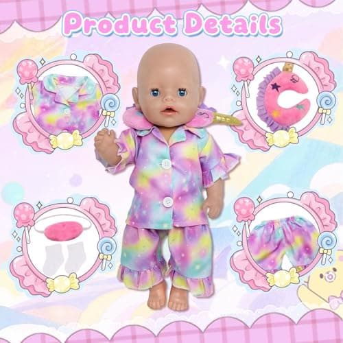 6 Pcs Baby Doll Clothes 14-17 Inch Baby Dolls, 35-43cm Dreamy Starry Doll Clothes Outfits with Gradient Pyjama Set + Pink Eye Mask+ U-shaped Neck Pillow + Socks Baby Doll Accessories for Kids Gift — view 3