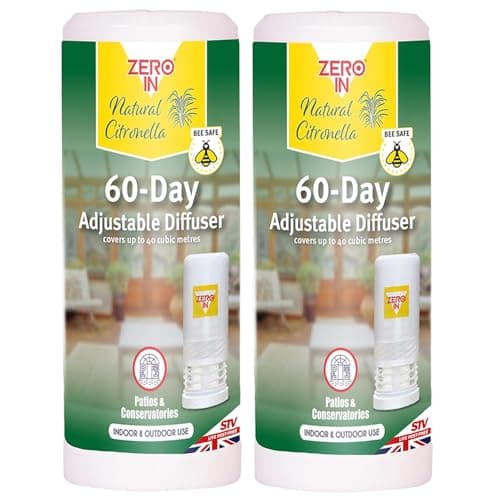 Pack of 2 Zero In Natural Citronella 60 Day Adjustable Diffuser Indoor and Outdoor Insect Repellent Long Lasting Fresh Fragrance Bee Safe Formula Ideal for Home Garden Patios Conservatories and Travel