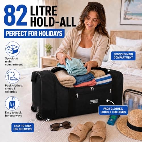 Large Holdall with Wheels, 82L Wheeled Duffle Bag, Black Rolling Travel Bag, Soft Luggage with Zipped Pockets for Holidays, Weekend Trips, Sports, Gym & Overnight Travel — view 2