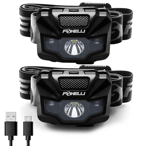 Foxelli LED Head Torch Rechargeable [2-Pack] – Ultralight USB Rechargeable Headtorch for Adults & Kids, Waterproof Headlamp with Red Light for Running, Camping, Fishing & Outdoors