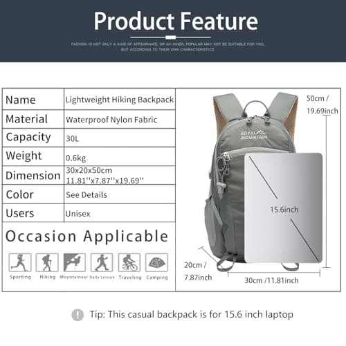 Lightweight Hiking Backpack, 30L Women/Men Waterproof Travel Rucksack Bag with Rain Cover, Outdoor Small Foldable Daypack for Student, Fit for 15.6 inch Laptop (Grey, 30L) — view 2