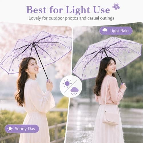 VIPOPICO Clear Umbrella for Women – Manual Open/Close Foldable Compact Travel Umbrella with Frosted Handle | Transparent See-Through Dome | Ideal for Weddings, Bridal Events & Daily Use(1, Purple) — view 6