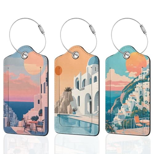 3 Pack Vintage Sunset Light Luggage Tags for Suitcases,Sunset Seaside Town Leather Baggage Suitcases Tag Name ID Label Privacy Cover Travel Bag Tags for Women Men Boys Girls