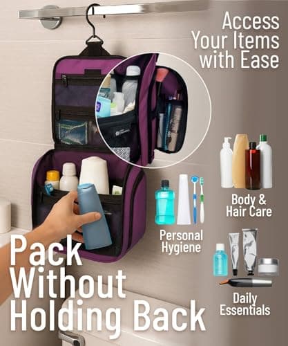 D&D Hanging Toiletry Bag for Women and Men, Large Travel Wash Bag, Purple — view 5