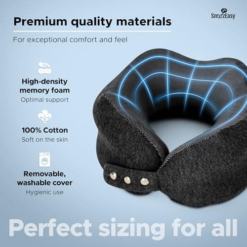 SnoozEasy™ Travel Pillow for Adults | High-Density Memory Foam Neck Pillow for Airplane | Adjustable Flight Travel Cushion with Eye Mask, Ear Plugs, Carry Bag & Carabiner Clip | UK Brand — view 6